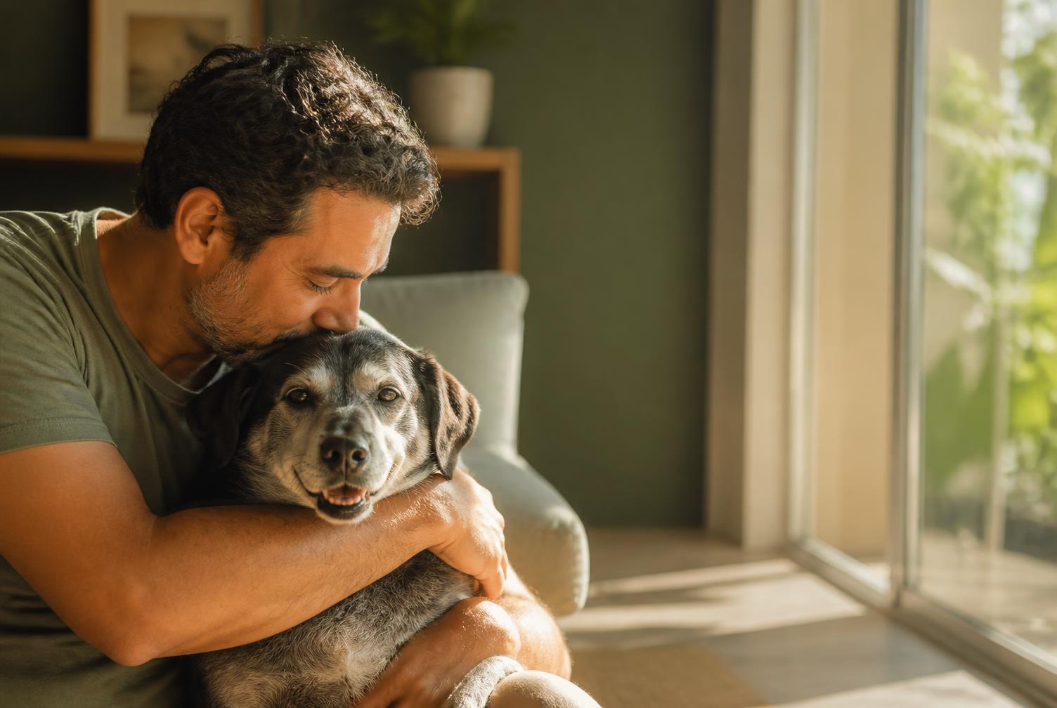 Tutor abraçando seu cão idoso com carinho